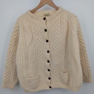 Vintage Anne McCool Hand Knit 100% Irish Wool Beige Cardigan Size Medium